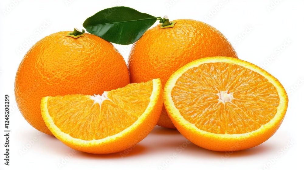 Two Ripe Oranges and Slices on White Background Two Ripe Oranges and Slices on White Background