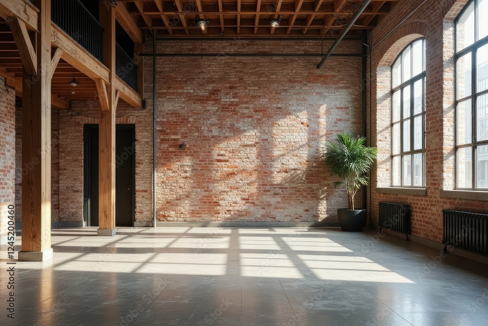 Fototapeta premium Sunlit Loft Space With Exposed Brick Wall And Wooden Beams