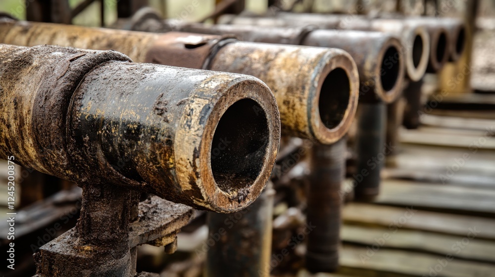 A row of powerful mining drills lined up and ready for excavation. A row of powerful mining drills lined up and ready for excavation.