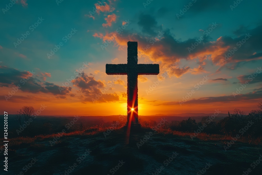 Sunset Silhouette Of A Stone Cross On A Hilltop Sunset Silhouette Of A Stone Cross On A Hilltop