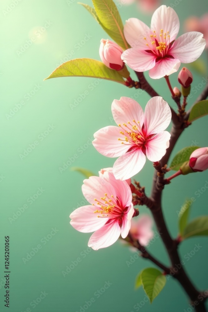 Obraz premium Peach blossoms with a green and yellow color scheme, white, pink, tree