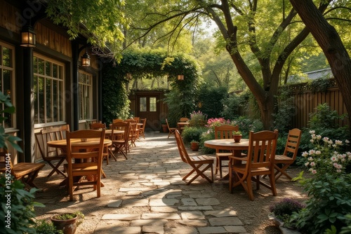 Wallpaper Mural Sunlit Patio With Wooden Tables And Chairs In A Garden Setting Torontodigital.ca