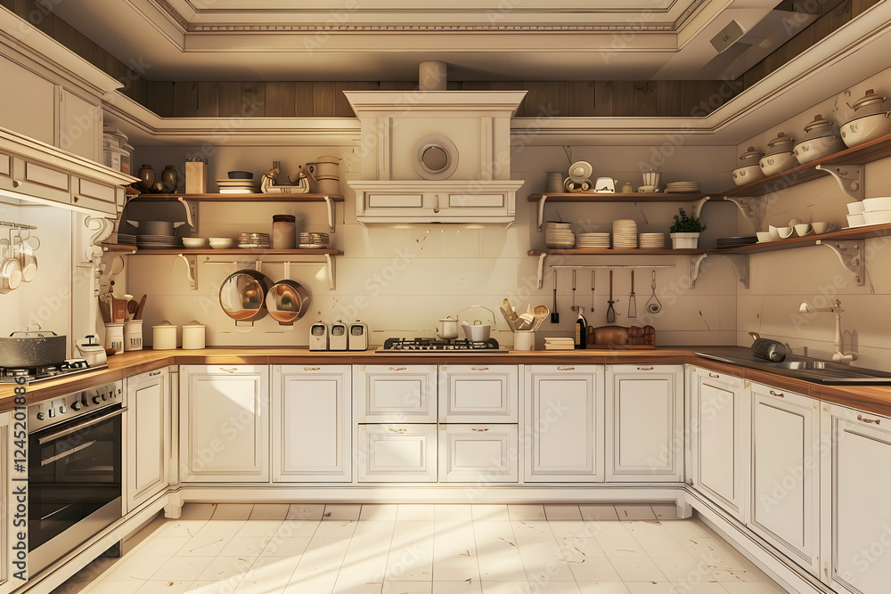 Fototapeta premium white and wooden home kitchen interior, elegant cabinets and stylish kitchenware