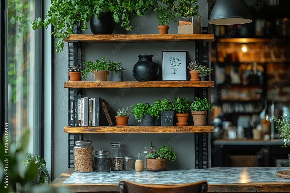 Industrial-style bookcase made of natural wood and metal, with storage shelves, placed beside a dining table in open-concept kitchen, featuring home decor elements. Industrial-style bookcase made of natural wood and metal, with storage shelves, placed beside a dining table in open-concept kitchen, featuring home decor elements.