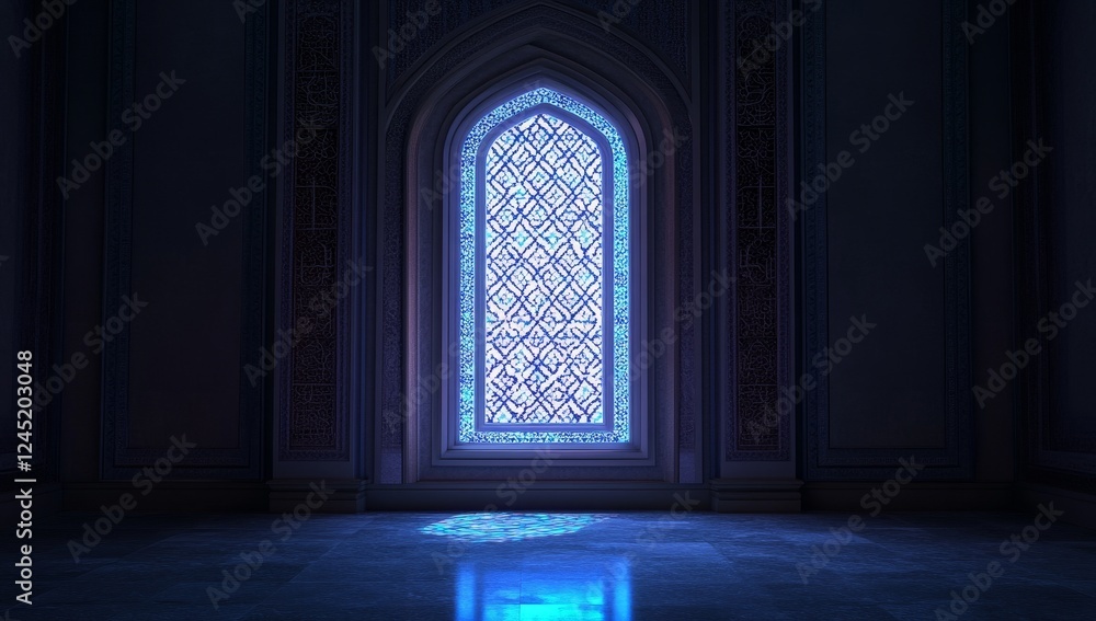 Glowing arched window in a dark ornate room. Glowing arched window in a dark ornate room.