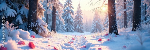 Snowy forest with frosted trees and delicate pink rose petals scattered on the ground, winterland, frostedtrees, alpineforest photo