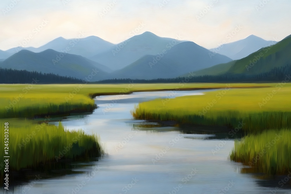 Serene river flows through marsh, mountains backdrop Serene river flows through marsh, mountains backdrop