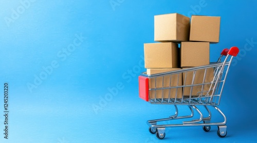 Cart with Brown Boxes on Blue Background for Shopping Concept photo