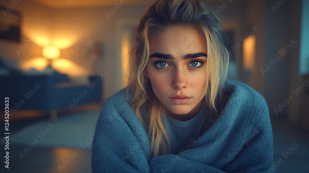 Woman, home, evening, pensive, cozy, portrait Woman, home, evening, pensive, cozy, portrait