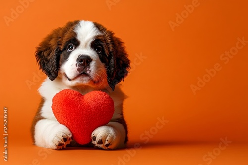 Cute saint bernard dog with critter toy red heart - emblem of love, funny greeting card. Saint bernard - my preferred dog. Ad campaign visual idea. Valentine's day pet themes inspiration. photo