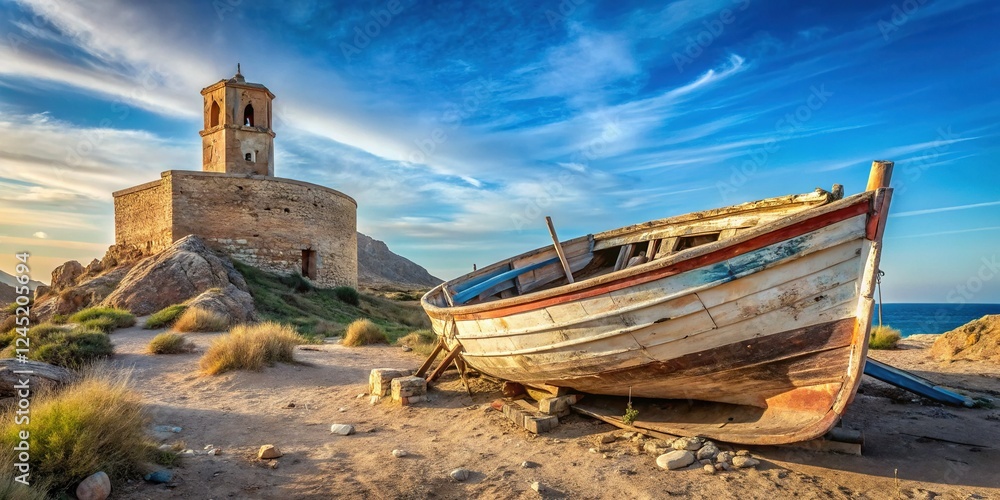 Obraz premium Abandoned Fishing Boat & San Miguel Tower, Cabo de Gata, Spain - Double Exposure