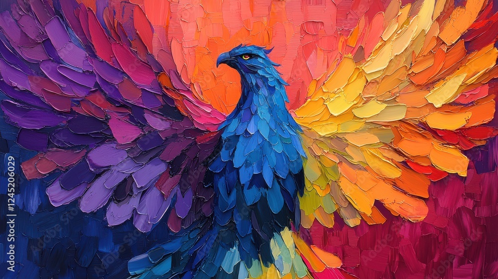 Obraz premium Vibrant phoenix painting art studio abstract artwork colorful environment close-up view symbol of rebirth