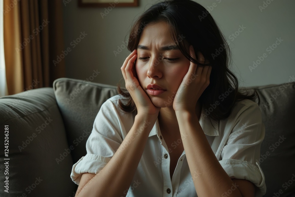 Woman Sitting On Sofa Feeling Sad And Worried Woman Sitting On Sofa Feeling Sad And Worried