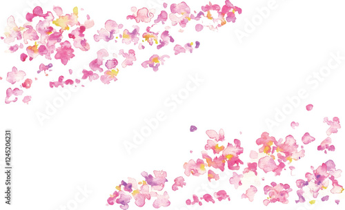水彩画。水彩タッチの桜の花びら背景。水彩で描いた風に舞う桜の花びら。春の桜背景フレーム。Watercolor painting. Cherry blossom petals background with watercolor touch. Cherry blossom petals dancing in the wind, painted with watercolor. Spring cher