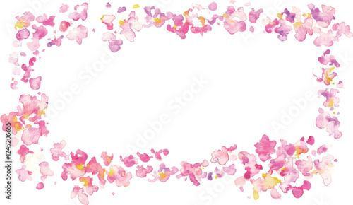 水彩画。水彩タッチの桜の花びら背景。水彩で描いた風に舞う桜の花びら。春の桜背景フレーム。Watercolor painting. Cherry blossom petals background with watercolor touch. Cherry blossom petals dancing in the wind, painted with watercolor. Spring cher