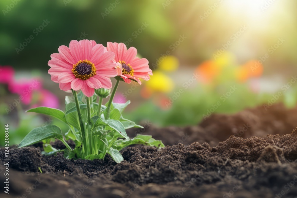 Two Pink Flowers Blooming In Rich Soil, Bathed In Sunlight. A Vibrant Spring Scene. Two Pink Flowers Blooming In Rich Soil, Bathed In Sunlight. A Vibrant Spring Scene.