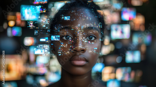 Teenager with digital images surrounding her face, representing technology and media influence. captivating blend of youth and modernity