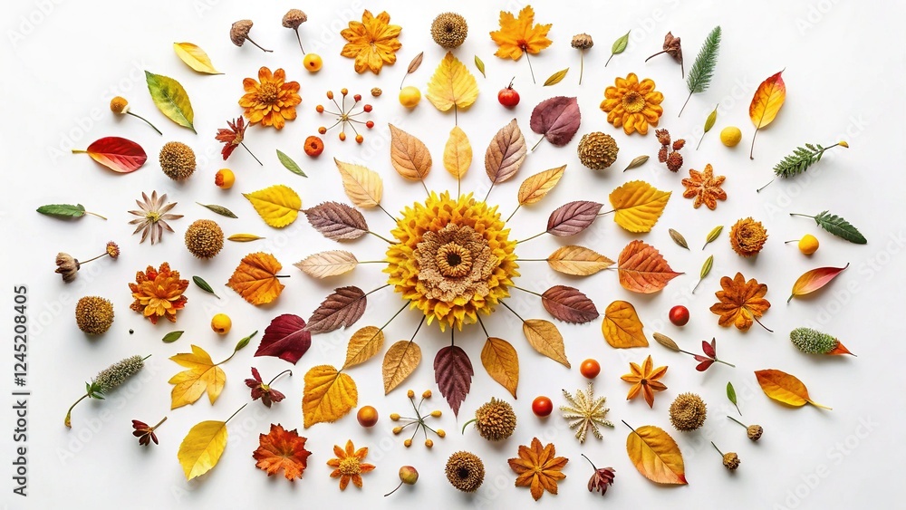 Obraz premium Autumn Mandala: Flat Lay of Fallen Leaves & Dried Flowers on White