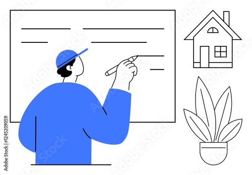 Person writing on whiteboard while wearing cap. Nearby are simple house and potted plant line art. Ideal for education, real estate, home organization, planning, creativity, teaching, inspiration