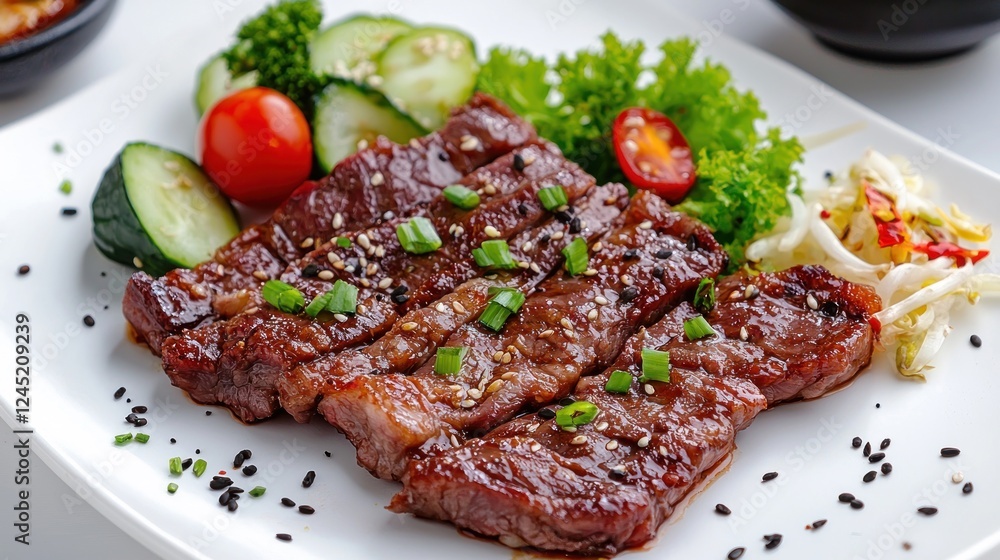 Grilled Beef Slices Served with Vegetables and Sesame Seeds Grilled Beef Slices Served with Vegetables and Sesame Seeds