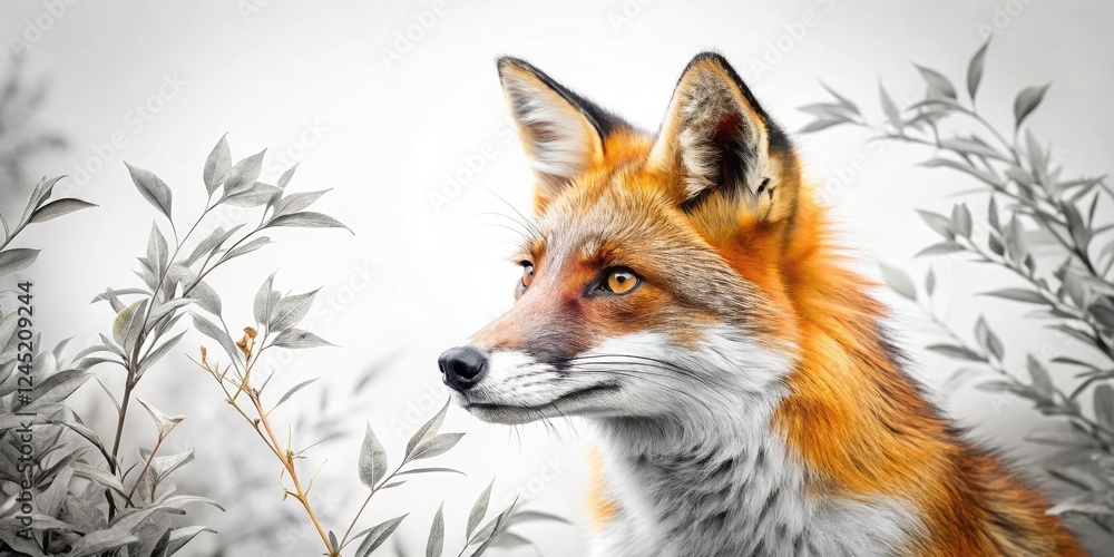 Fototapeta premium Elegant Black and White Fox Sketch Minimalist Art Print, Wildlife Line Drawing, Botanical Illustration, Nature Wall Decor