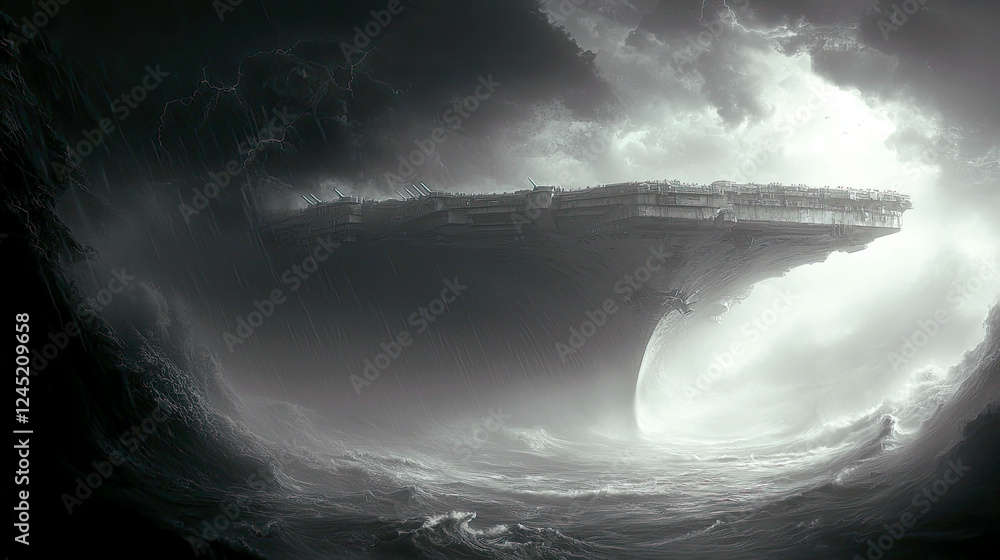 Obraz premium Apocalyptic Seascape: A colossal vessel battles monstrous waves under a stormy sky. A dramatic, dark fantasy artwork.