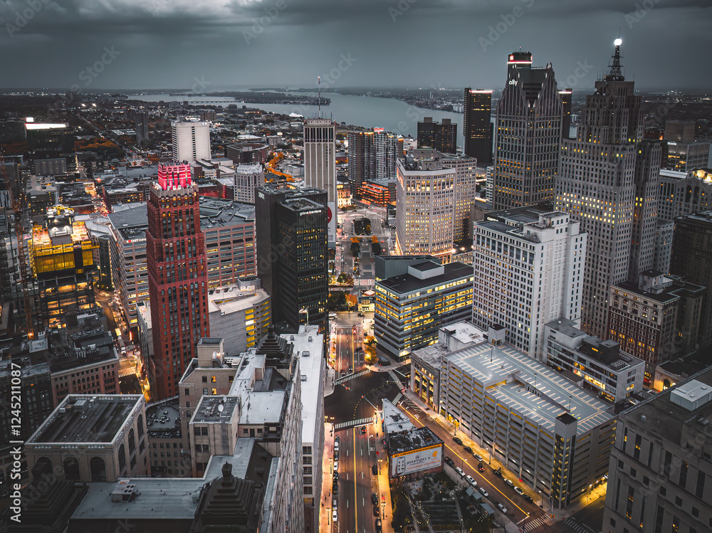 Detroit Skyline at Dusk with Illuminated Buildings and Streets