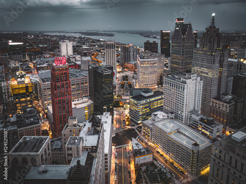 Obraz na płótnie Detroit Skyline at Dusk with Illuminated Buildings and Streets w salonie