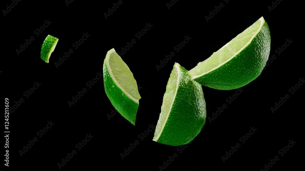 Limón o lima verde en fondo negro cortándose en partes con movimiento cinemográfico