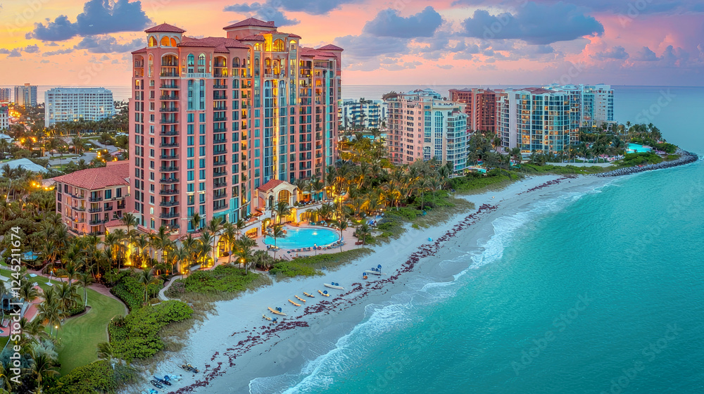 Naklejka premium Luxury Beach Resort at Sunset: Breathtaking Coastal View, Tropical Getaway