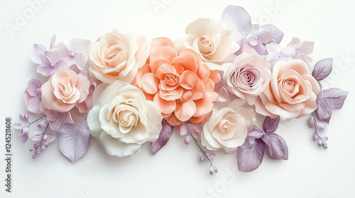 Delicate arrangement of roses and flowers in soft tones of pink and lavender, creating serene and elegant atmosphere