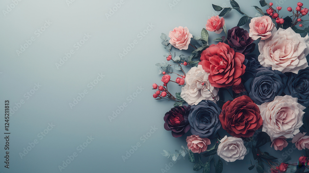 dramatic arrangement of roses in deep shades of red, pink, and white, creating stunning floral display against soft blue background dramatic arrangement of roses in deep shades of red, pink, and white, creating stunning floral display against soft blue background