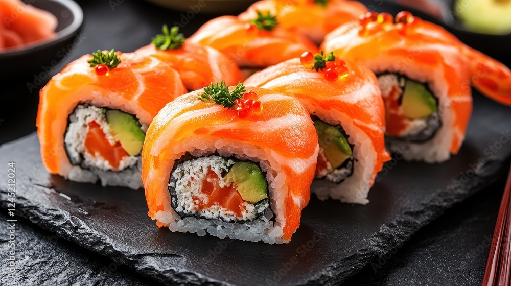 Delicious salmon sushi rolls, garnished with tobiko. Perfect for restaurant menus, food blogs, or culinary websites showcasing Japanese cuisine. Delicious salmon sushi rolls, garnished with tobiko. Perfect for restaurant menus, food blogs, or culinary websites showcasing Japanese cuisine.