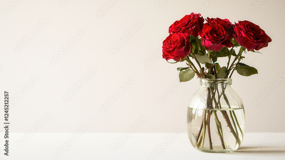 Fototapeta premium beautiful arrangement of red roses in glass vase, symbolizing love and elegance. Perfect for any occasion