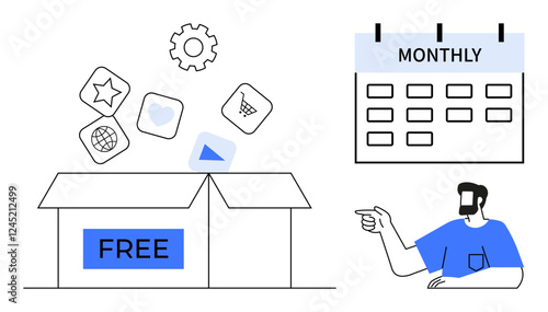 Box labeled FREE spilling app icons, gear, cart, and star. Man pointing at a calendar labeled MONTHLY. Ideal for service subscriptions, time management, planning, budgeting promotions organization