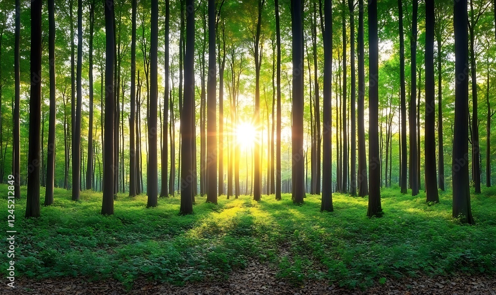 Sunrise in lush green forest, sun rays through trees Sunrise in lush green forest, sun rays through trees