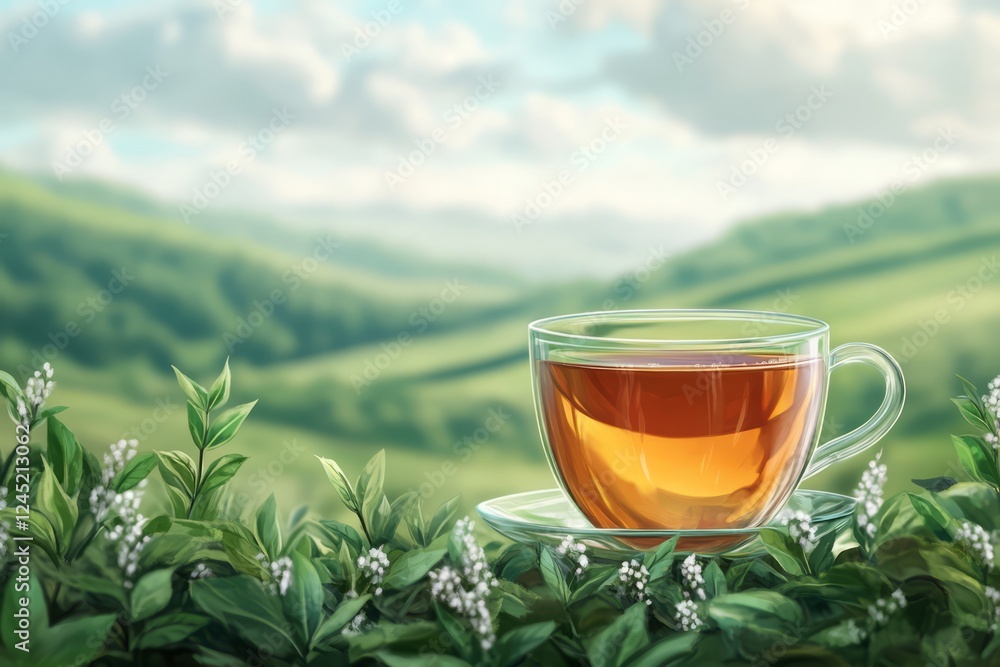 A Cup Of Tea Rests On A Saucer Amidst Lush Green Tea Plants, With A Rolling Hills Backdrop. Perfect For Relaxation And Tranquility. A Cup Of Tea Rests On A Saucer Amidst Lush Green Tea Plants, With A Rolling Hills Backdrop. Perfect For Relaxation And Tranquility.