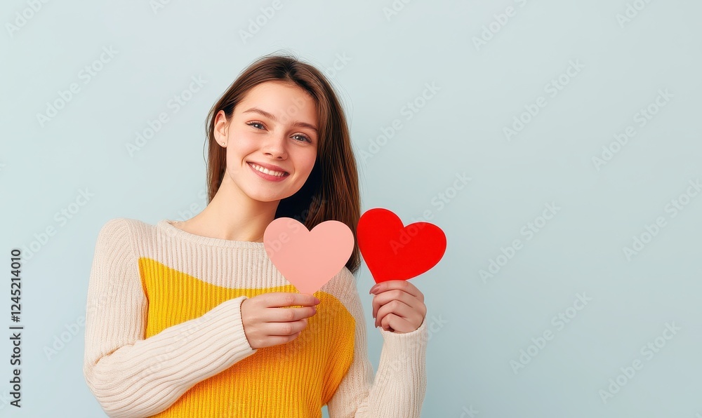 Two cute young smiling women standing together and holding red heart-shaped paper cutouts in Valentine's Day Two cute young smiling women standing together and holding red heart-shaped paper cutouts in Valentine's Day