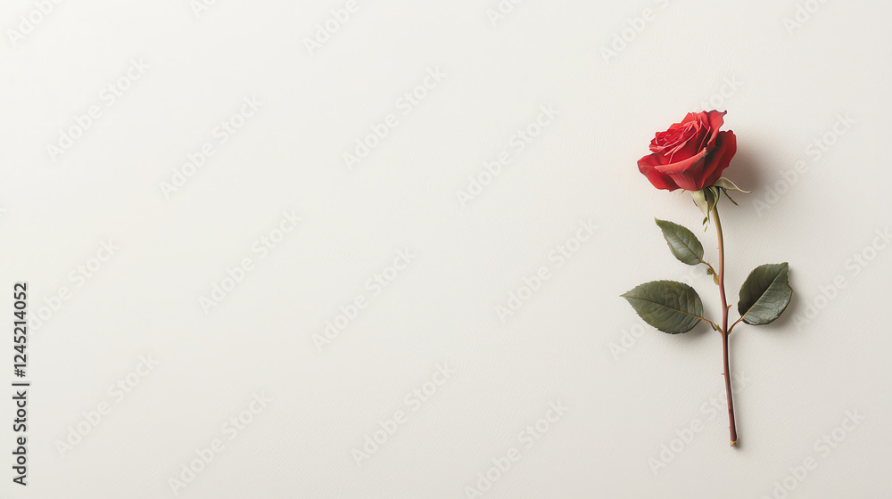 Fototapeta premium single red rose with green leaf, elegantly placed on light background, symbolizes love and beauty
