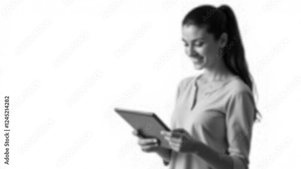Blurred Woman holding a digital tablet isolated on white background Blurred Woman holding a digital tablet isolated on white background
