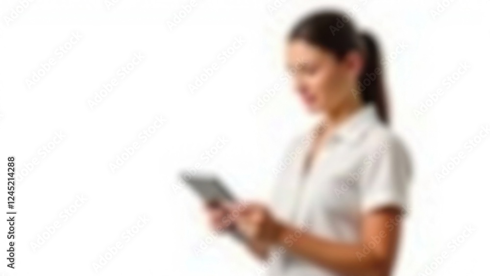 Blurred Woman holding a digital tablet isolated on white background Blurred Woman holding a digital tablet isolated on white background