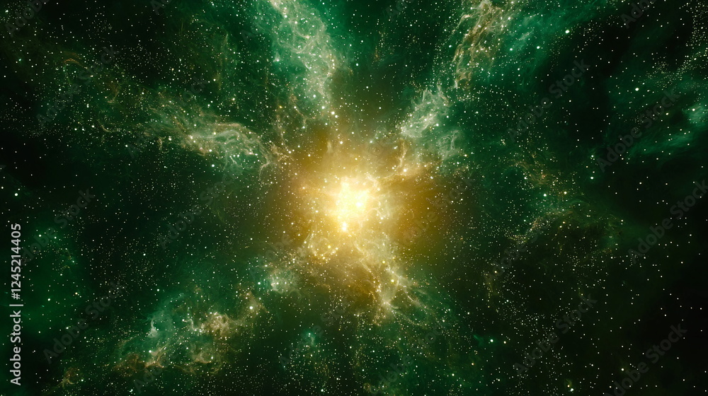 Obraz premium Radiant explosion of cosmic colors in a starry night sky, swirling energy and golden hues blending seamlessly with deep green space and scattered stars.