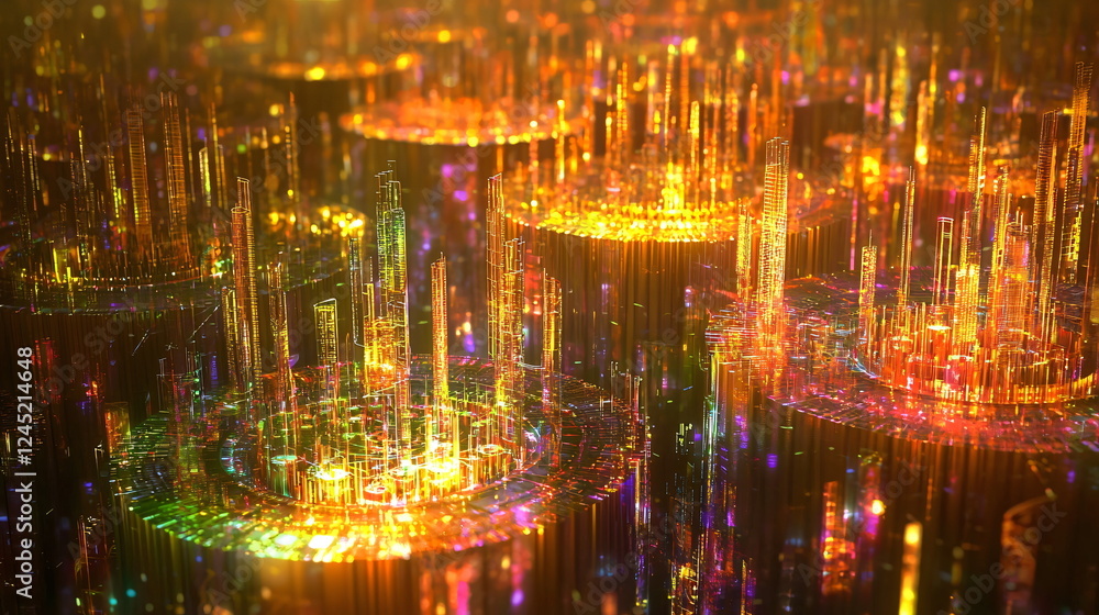 Radiant digital landscape with glowing geometric shapes and structures illuminated in vibrant hues of orange, yellow, and green against a dark background. Radiant digital landscape with glowing geometric shapes and structures illuminated in vibrant hues of orange, yellow, and green against a dark background.