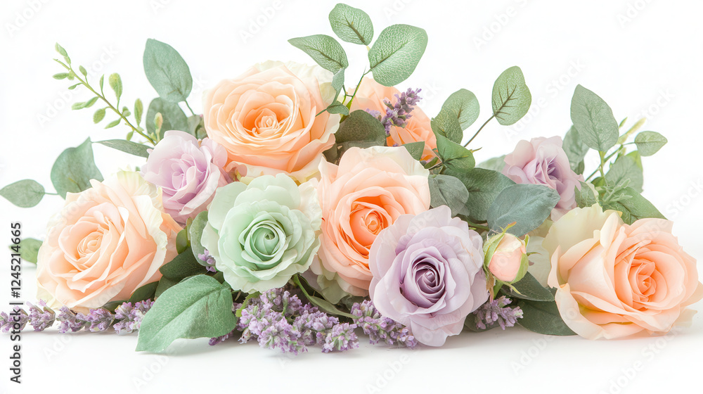 soft arrangement of pastel roses and greenery, creating serene floral display soft arrangement of pastel roses and greenery, creating serene floral display