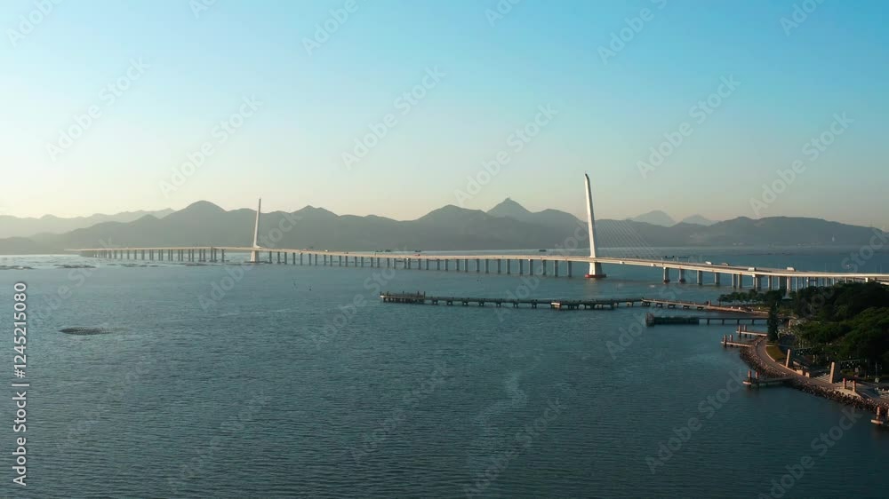 4k aerial video of Shenzhen Bay Highway Bridge showcasing stunning views and surrounding landscape during golden hour 4k aerial video of Shenzhen Bay Highway Bridge showcasing stunning views and surrounding landscape during golden hour