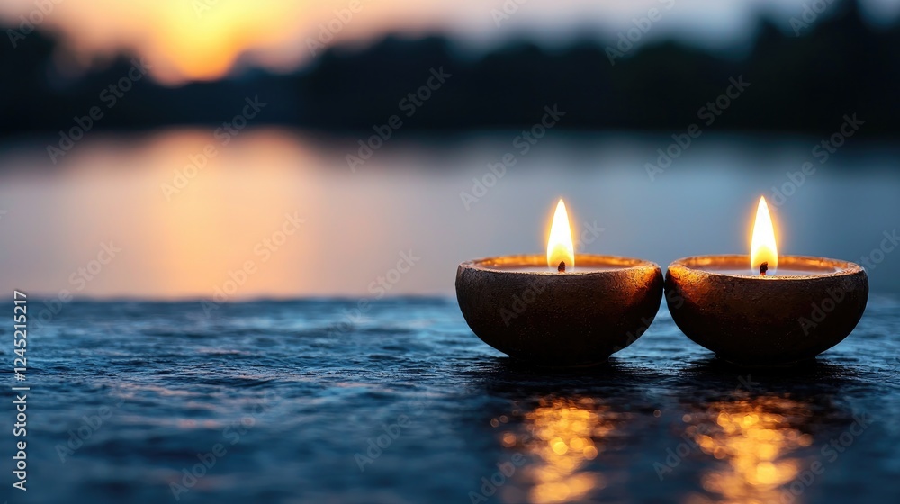 Sunset lake, two candles, peaceful reflection, meditation Sunset lake, two candles, peaceful reflection, meditation