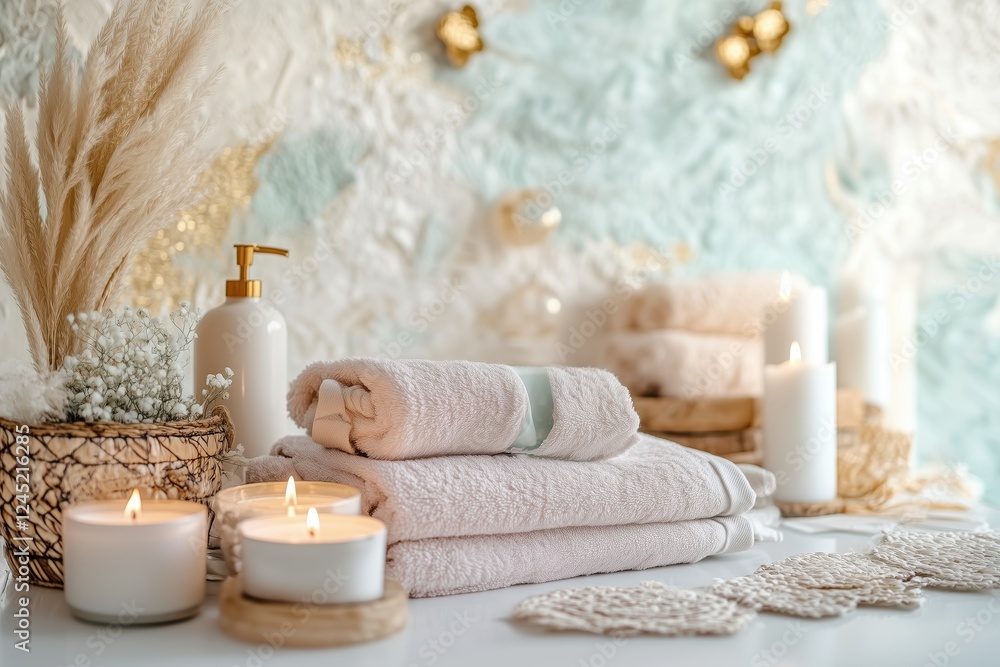 Conjunto de itens de spa com toalhas, velas e elementos decorativos em tons neutros, capturados com luz natural suave, criado com IA generativa. Conjunto de itens de spa com toalhas, velas e elementos decorativos em tons neutros, capturados com luz natural suave, criado com IA generativa.