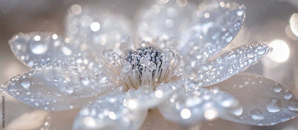 Closeup of a white flower covered in dew drops. Closeup of a white flower covered in dew drops.