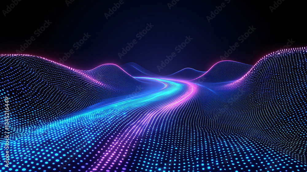 Vibrant digital landscape with illuminated wave patterns in shades of blue and pink, creating a futuristic pathway in a dark space, filled with glowing dots and a smooth surface. Vibrant digital landscape with illuminated wave patterns in shades of blue and pink, creating a futuristic pathway in a dark space, filled with glowing dots and a smooth surface.