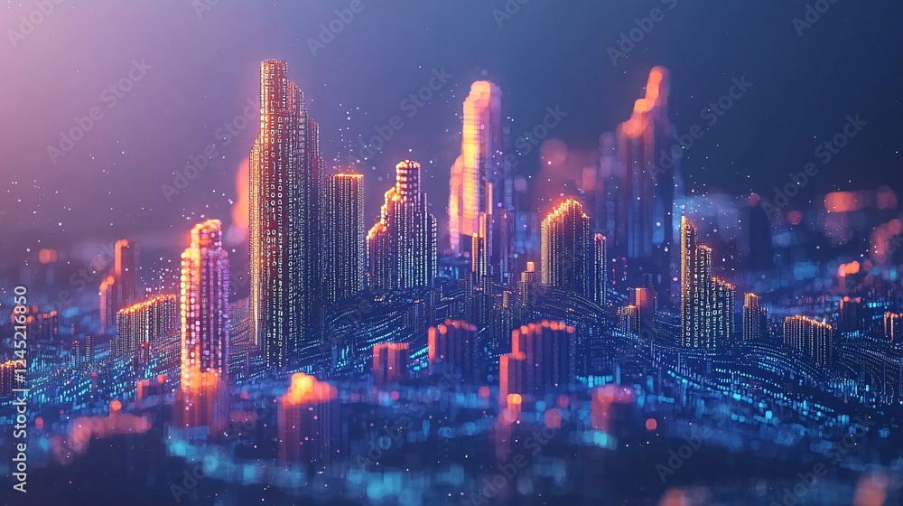 Obraz premium Neon city skyline with illuminated skyscrapers and digital code reflected in the architectural design, showcasing a futuristic urban landscape at night.